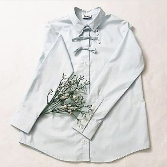SONIA RYKIEL 100% Cotton Light Blue Pretty Triple Bow Blouse Top Button Collar - Picture 4 of 12